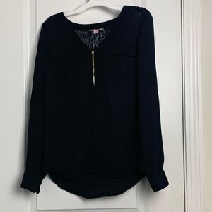 Candies Black Sheer Zip Up Blouse with Lace on back size S